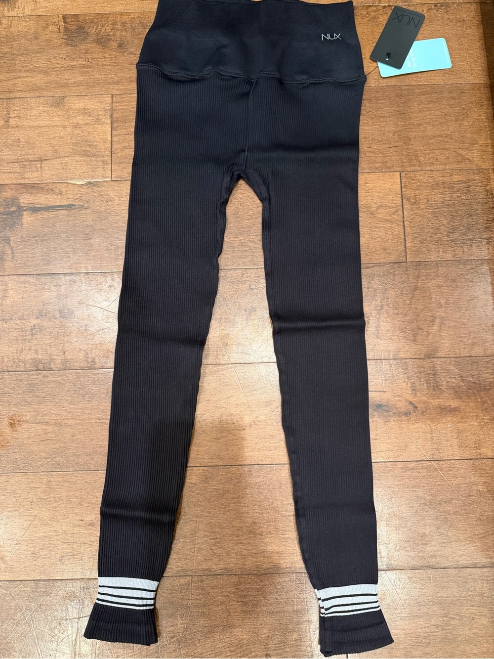 NUX Black Ribbed Leggings with White Stripe Cuffs